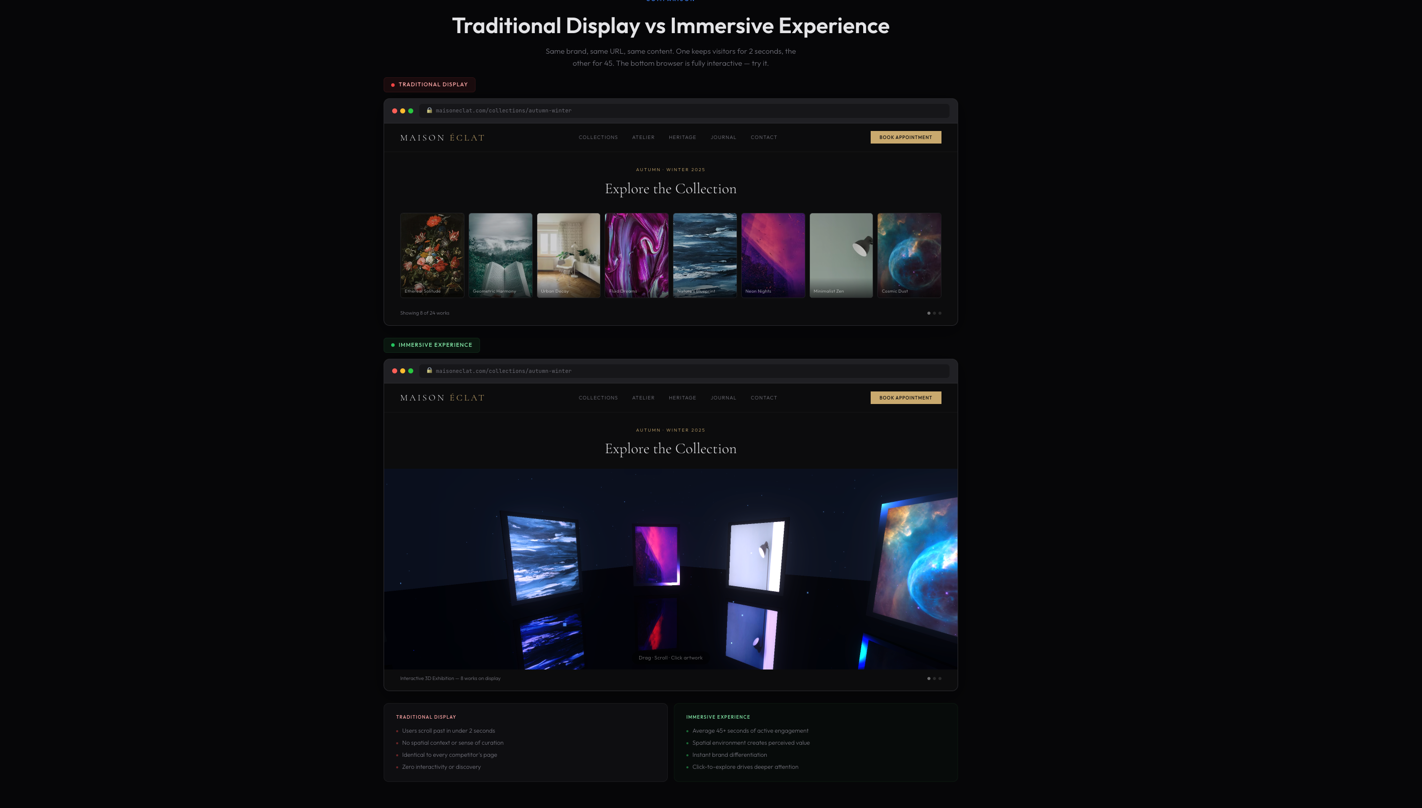 Stacked browser mockup comparison showing traditional flat image display versus interactive 3D virtual gallery on the same brand website